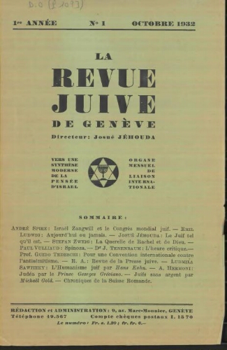 La Revue Juive de Genève. Vol. 1 n° 1 fasc. 1 (octobre 1932)
